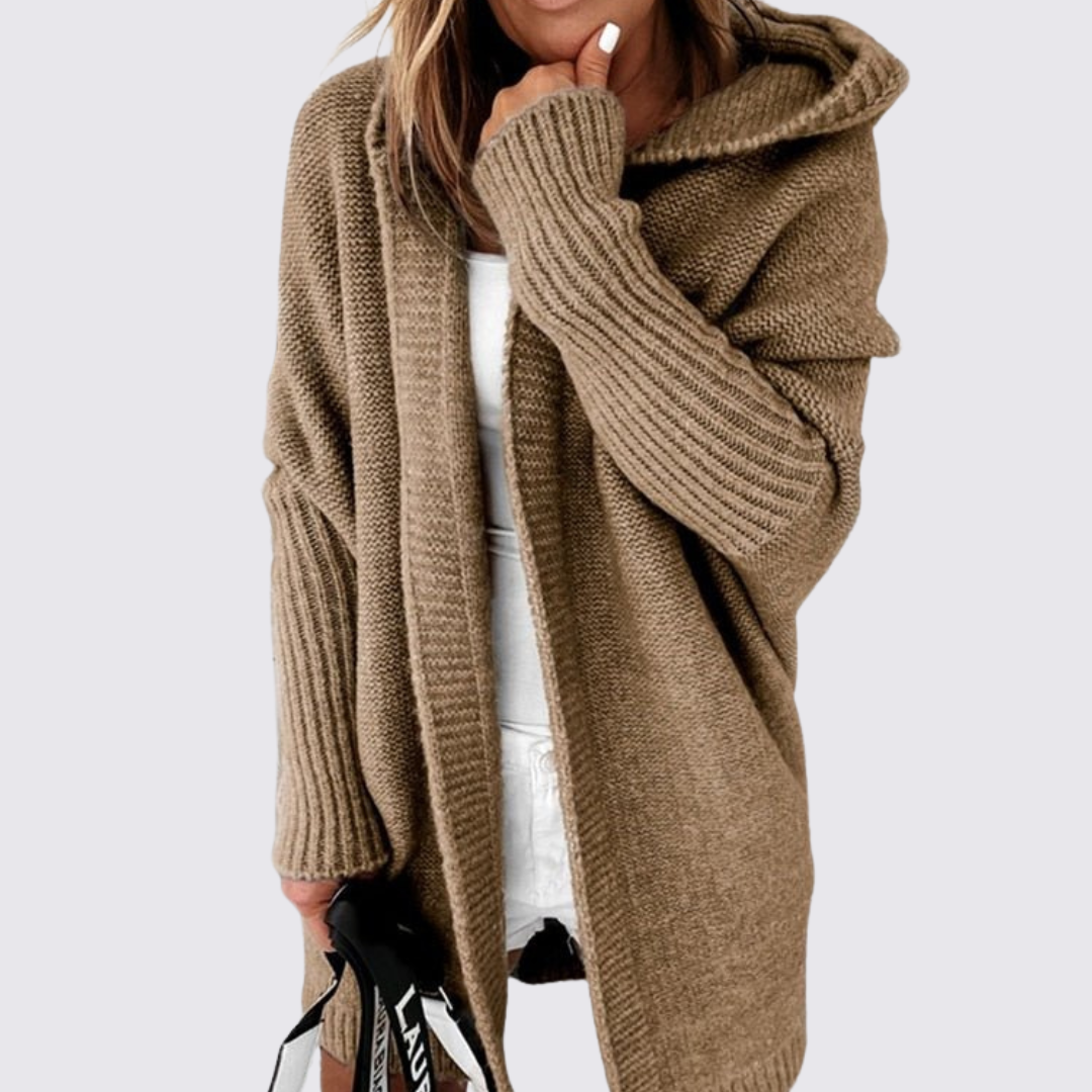 Dame strikjakke med hætte – Oversized strikjakke – Løs pasform