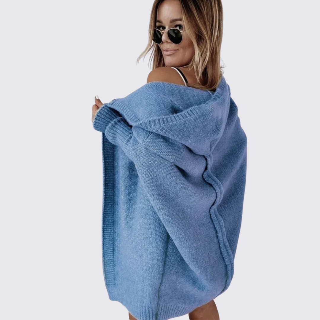 Dame strikjakke med hætte – Oversized strikjakke – Løs pasform