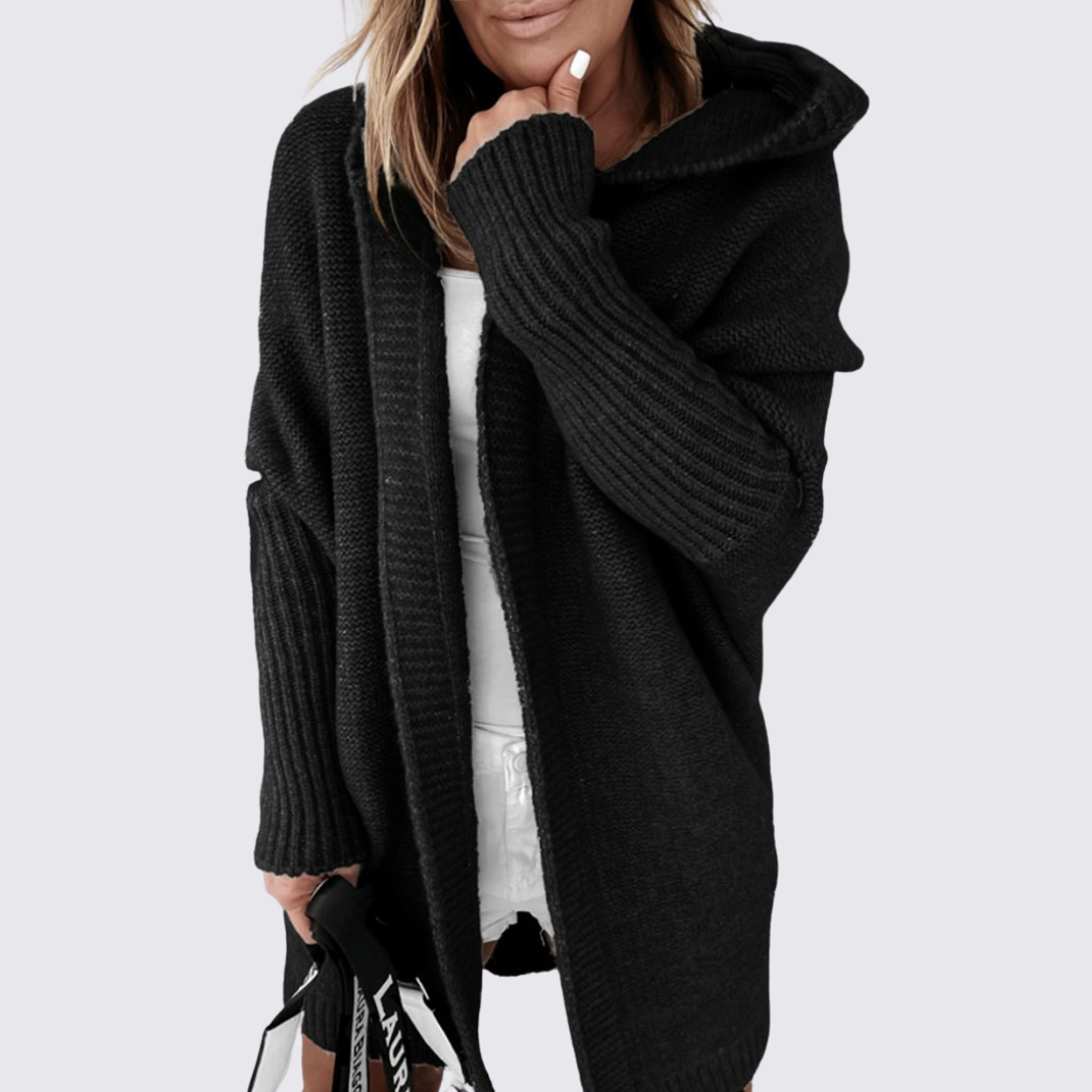 Dame strikjakke med hætte – Oversized strikjakke – Løs pasform