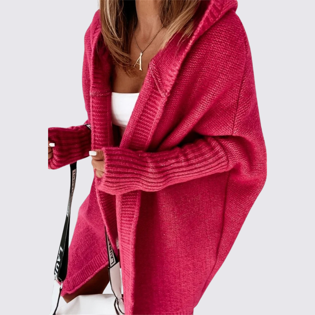 Dame strikjakke med hætte – Oversized strikjakke – Løs pasform
