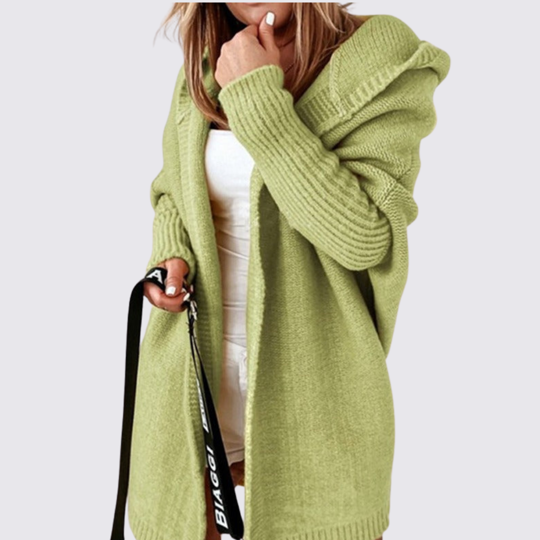 Dame strikjakke med hætte – Oversized strikjakke – Løs pasform