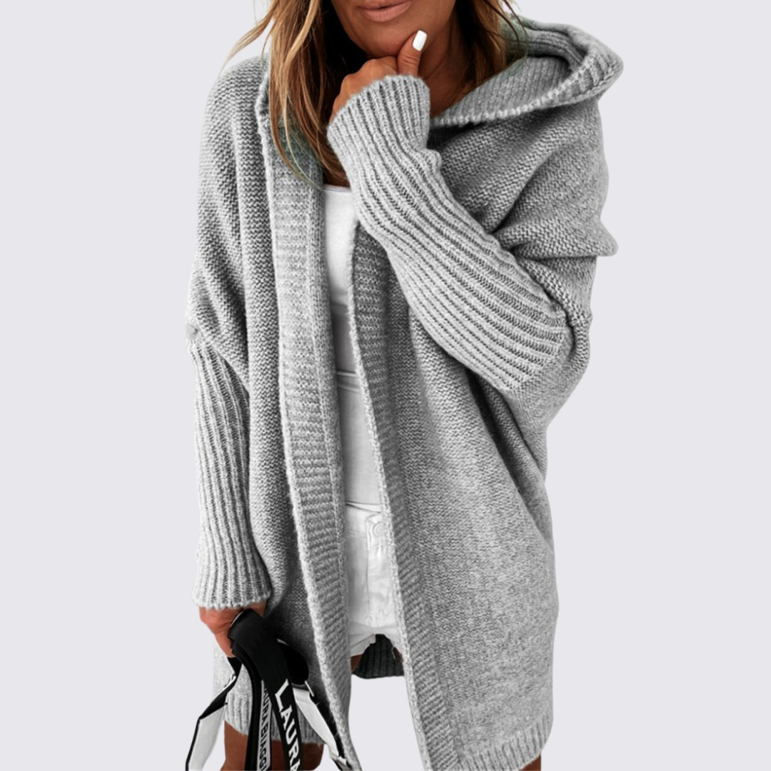 Dame strikjakke med hætte – Oversized strikjakke – Løs pasform