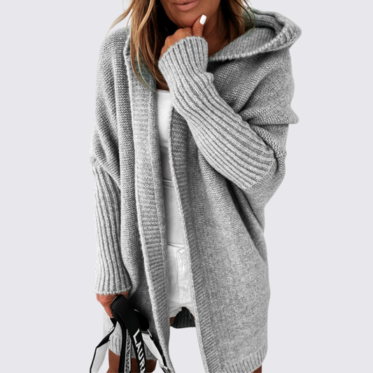 Dame strikjakke med hætte – Oversized strikjakke – Løs pasform