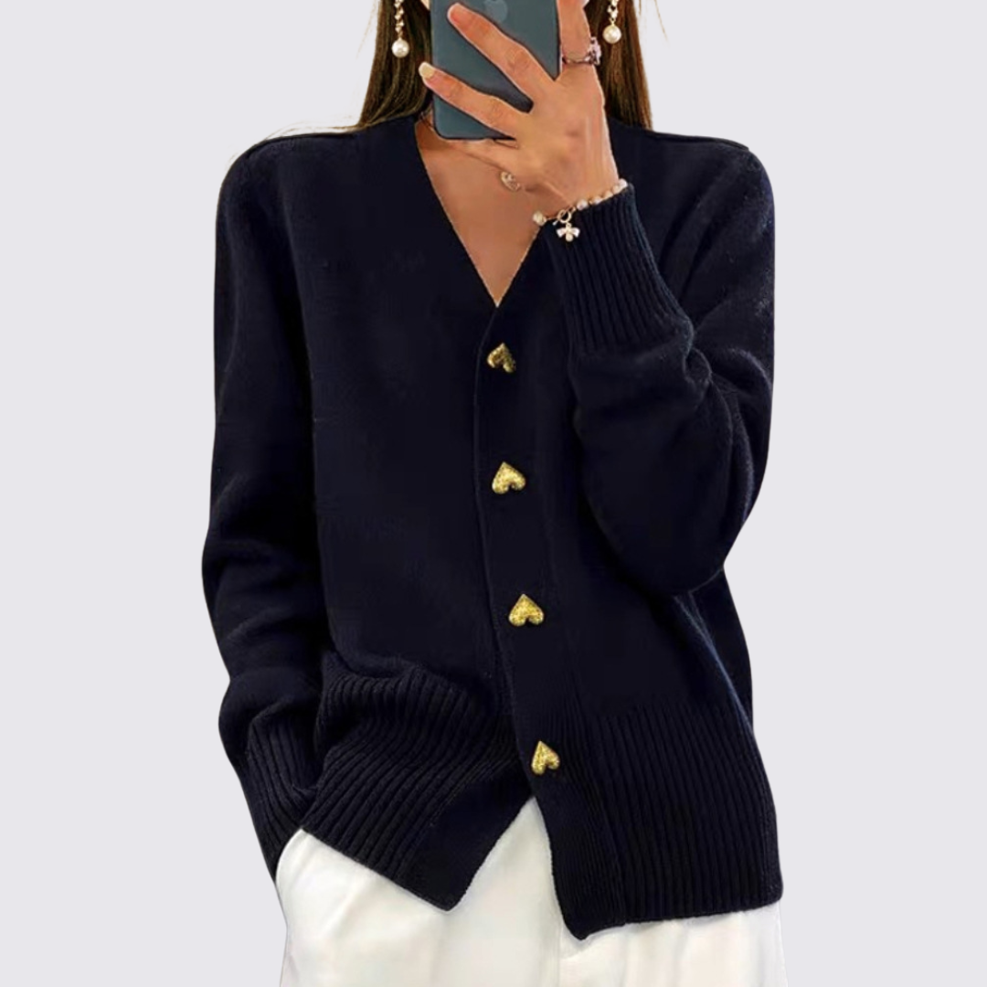 Dame strikjakke med knaplukning – cardigan strikjakke – v-hals