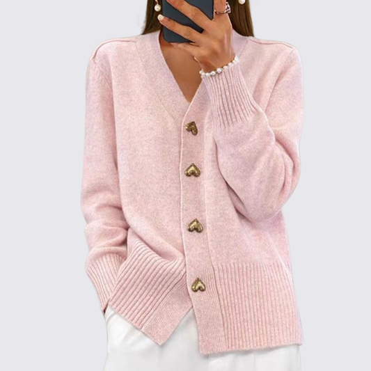 Dame strikjakke med knaplukning – cardigan strikjakke – v-hals