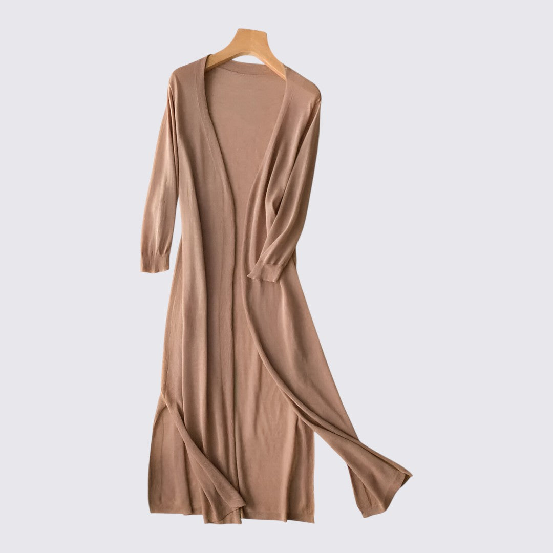 Dame strikjakke med lang skæring - Lang strikjakke - Åben form