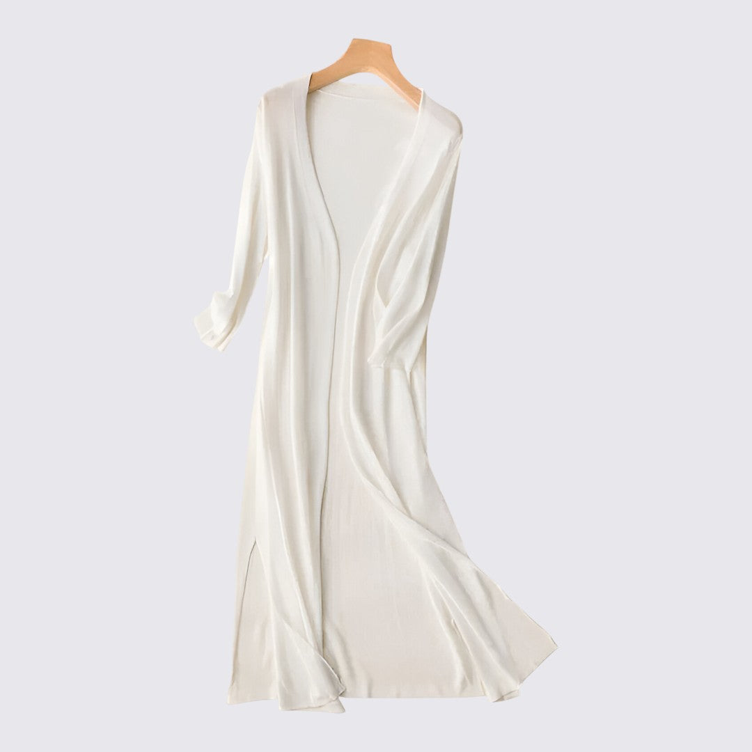 Dame strikjakke med lang skæring - Lang strikjakke - Åben form