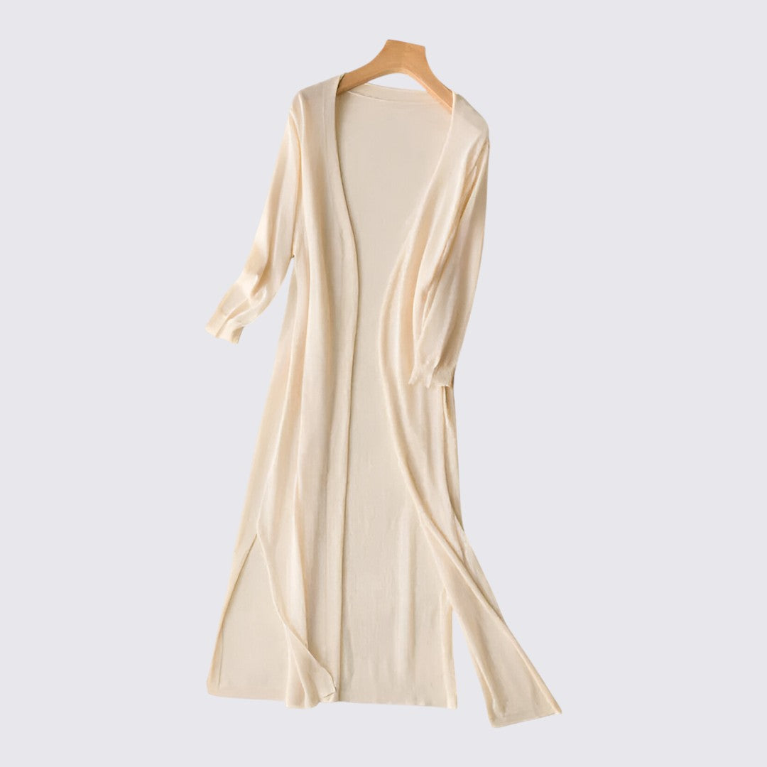 Dame strikjakke med lang skæring - Lang strikjakke - Åben form