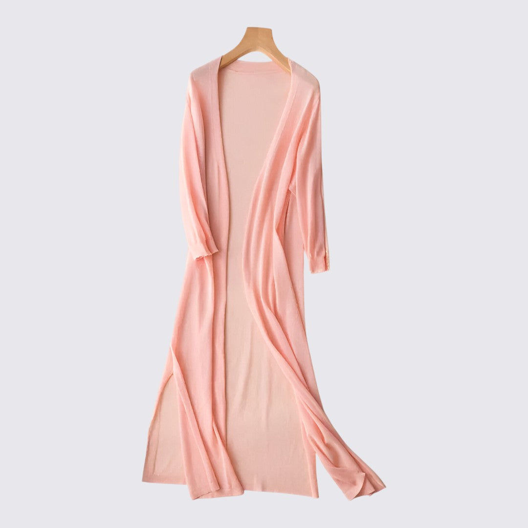 Dame strikjakke med lang skæring - Lang strikjakke - Åben form