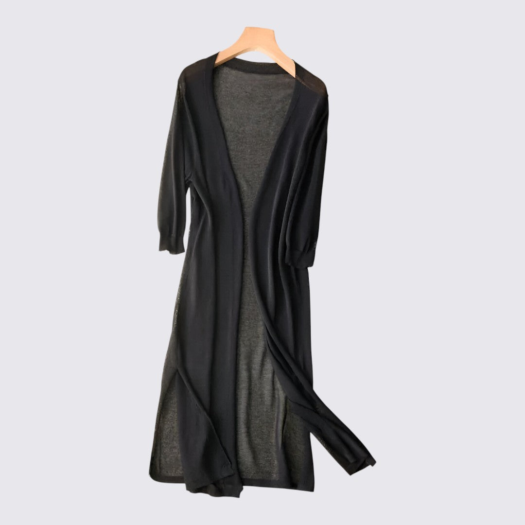 Dame strikjakke med lang skæring - Lang strikjakke - Åben form