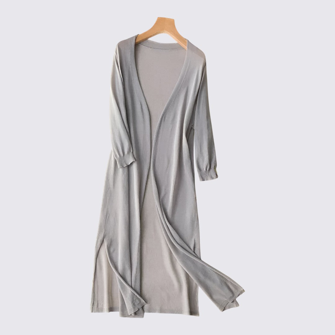 Dame strikjakke med lang skæring - Lang strikjakke - Åben form