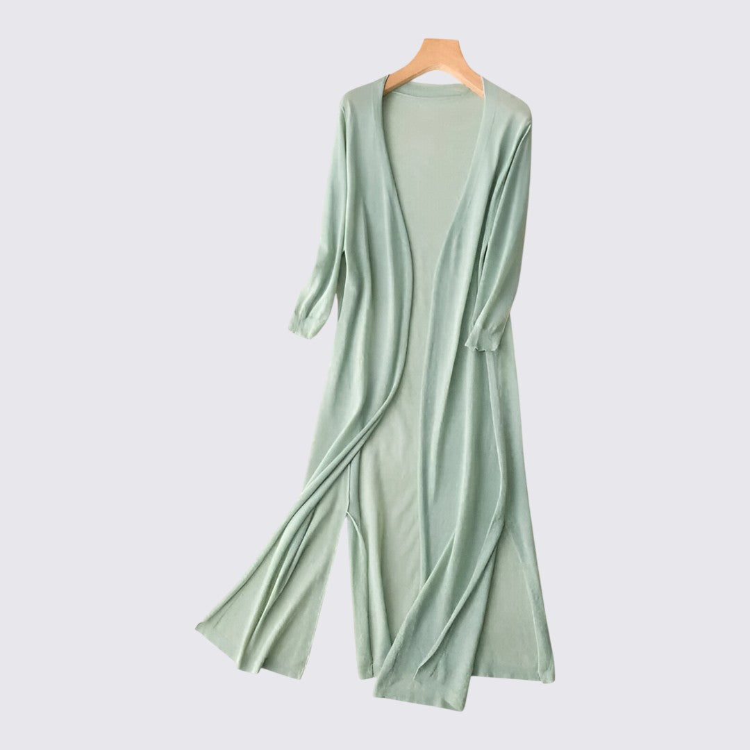 Dame strikjakke med lang skæring - Lang strikjakke - Åben form