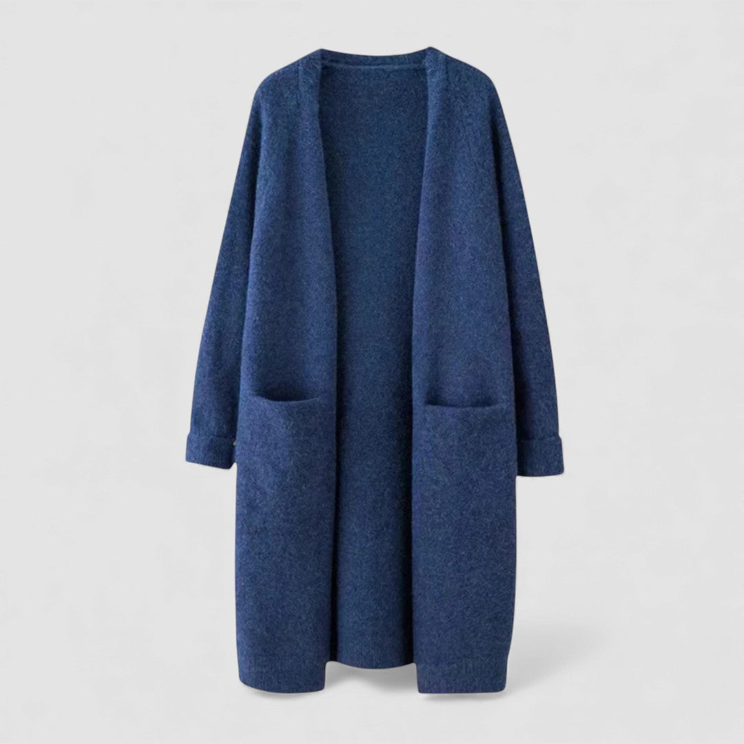 Dame Strikjakke med Åben Form - Lang Strikjakke - Med Lommer