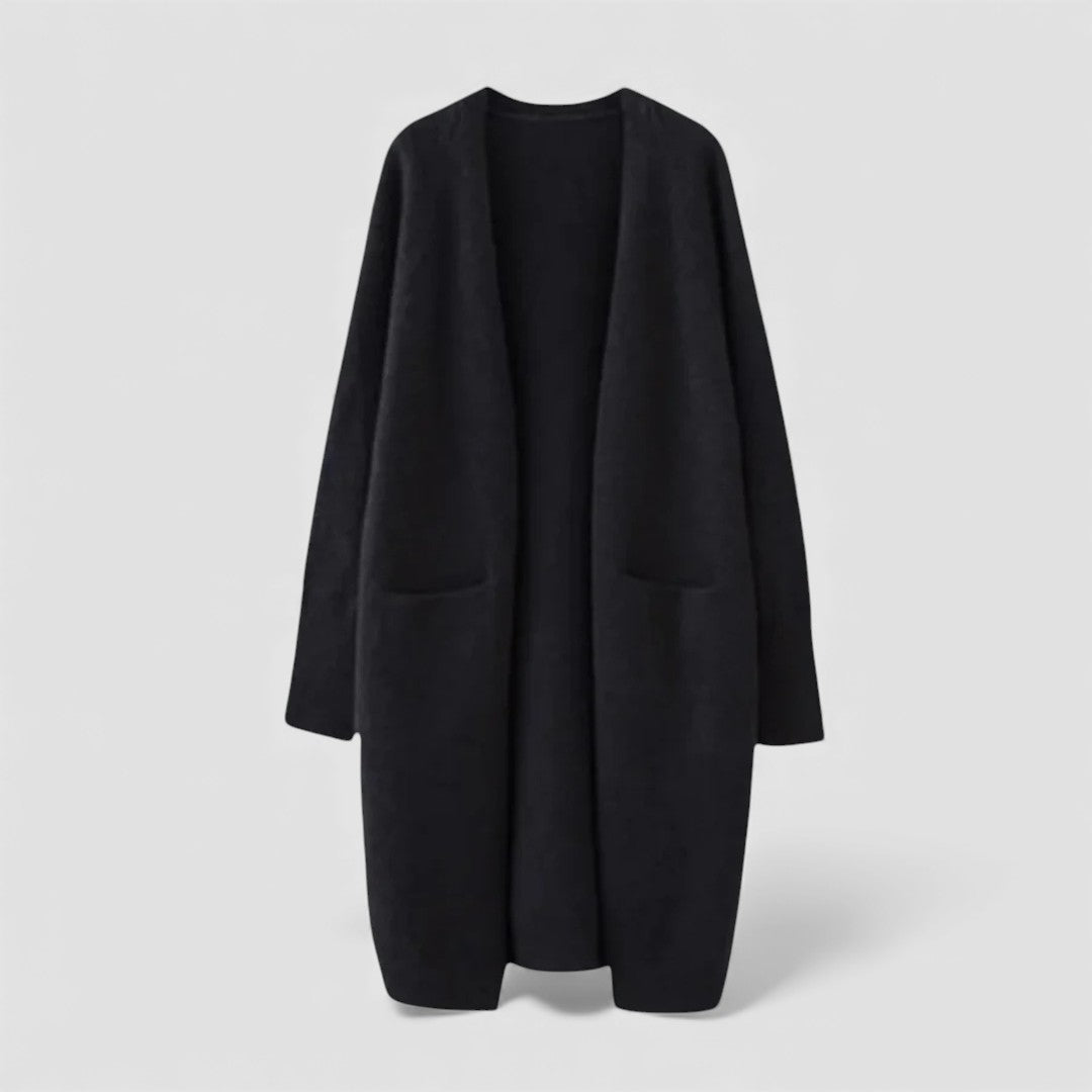 Dame Strikjakke med Åben Form - Lang Strikjakke - Med Lommer