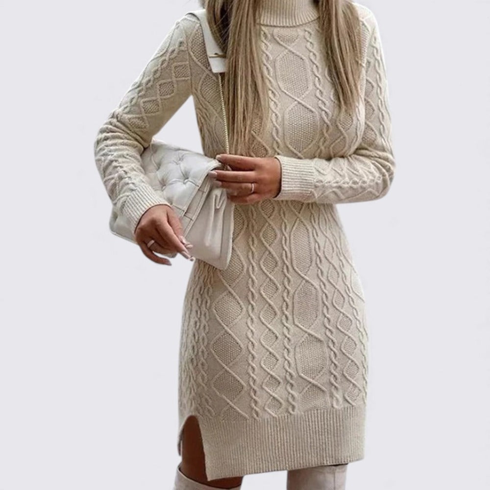 Dame strikkjole med ståkrave - Lange ærmer - Snøre mønster kjole