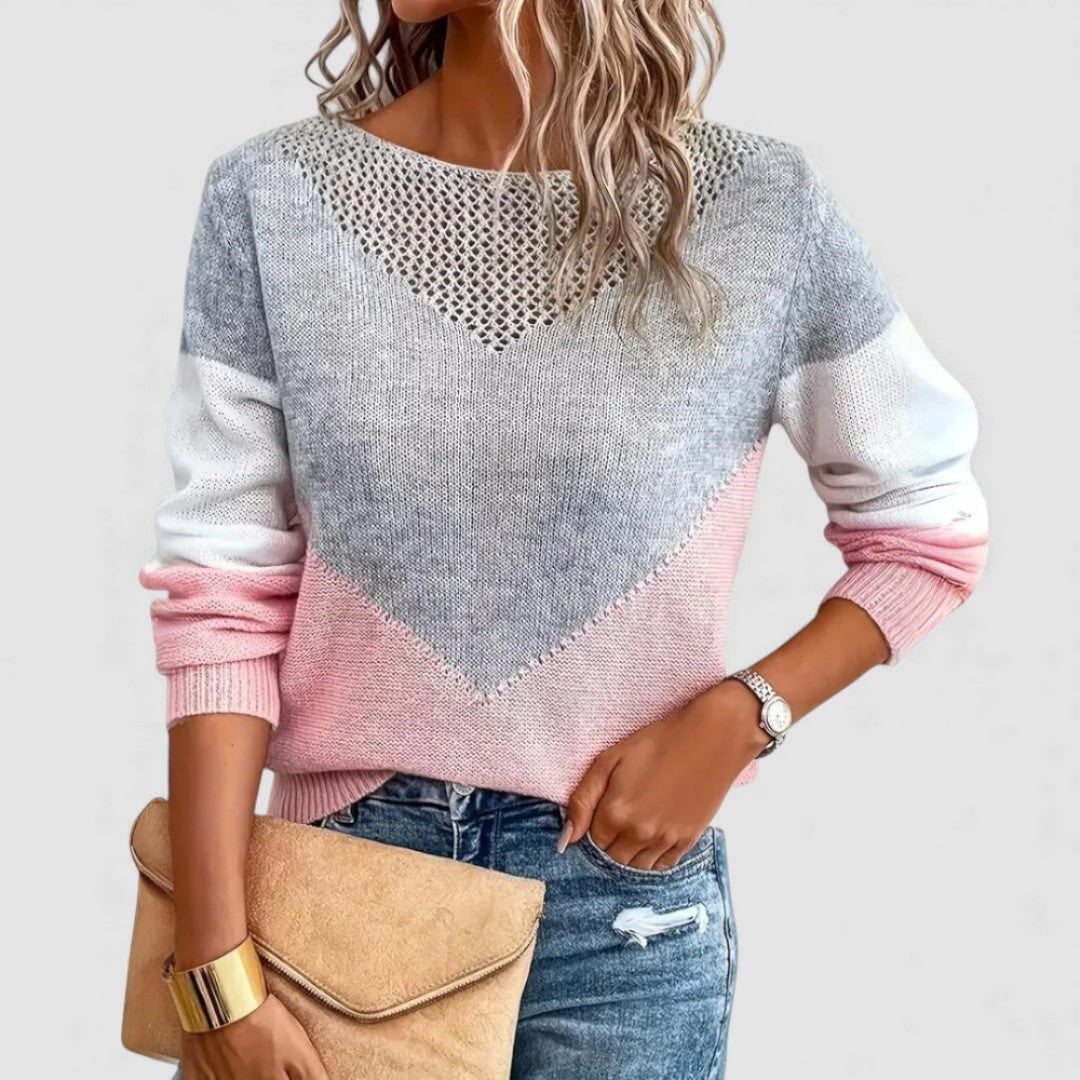 Dame strikketrøje med farveforløb – Langærmet trøje – Ribkanter