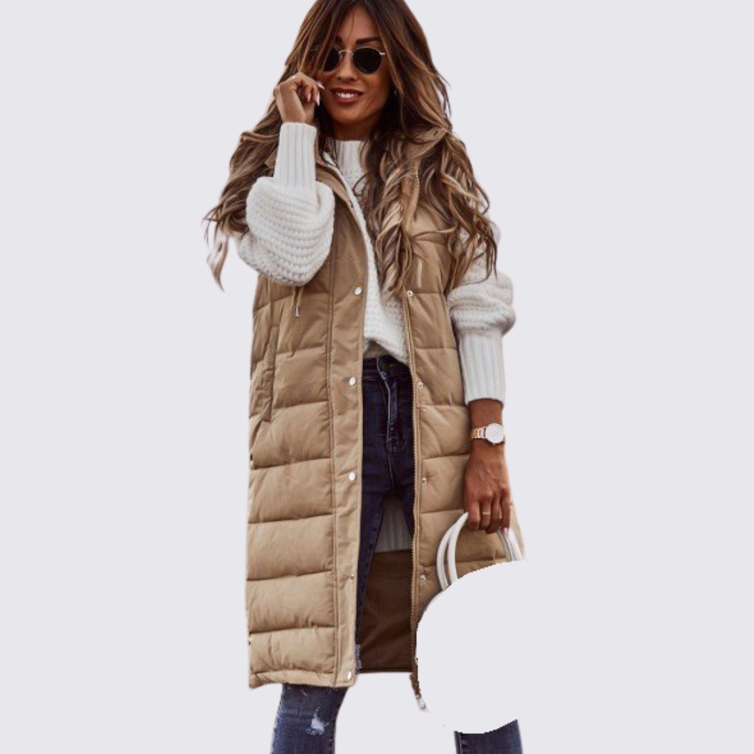 Dame quiltet vest med hætte – Langt snit – Varm