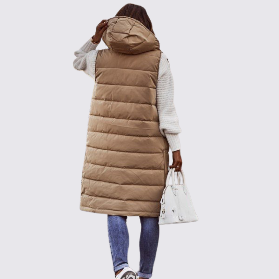 Dame quiltet vest med hætte – Langt snit – Varm