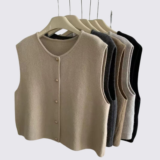 Dame Strik Vest med Knapliste – Ærmeløs Vest – Løs Skåret