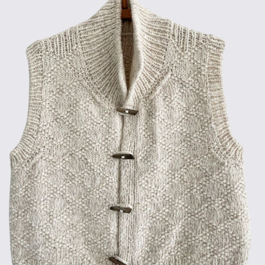 Dame vest med knaplukning – strik vest – ståkrave