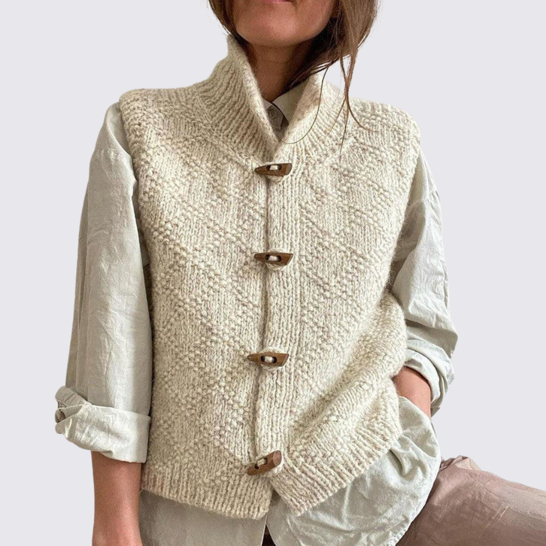 Dame vest med knaplukning – strik vest – ståkrave