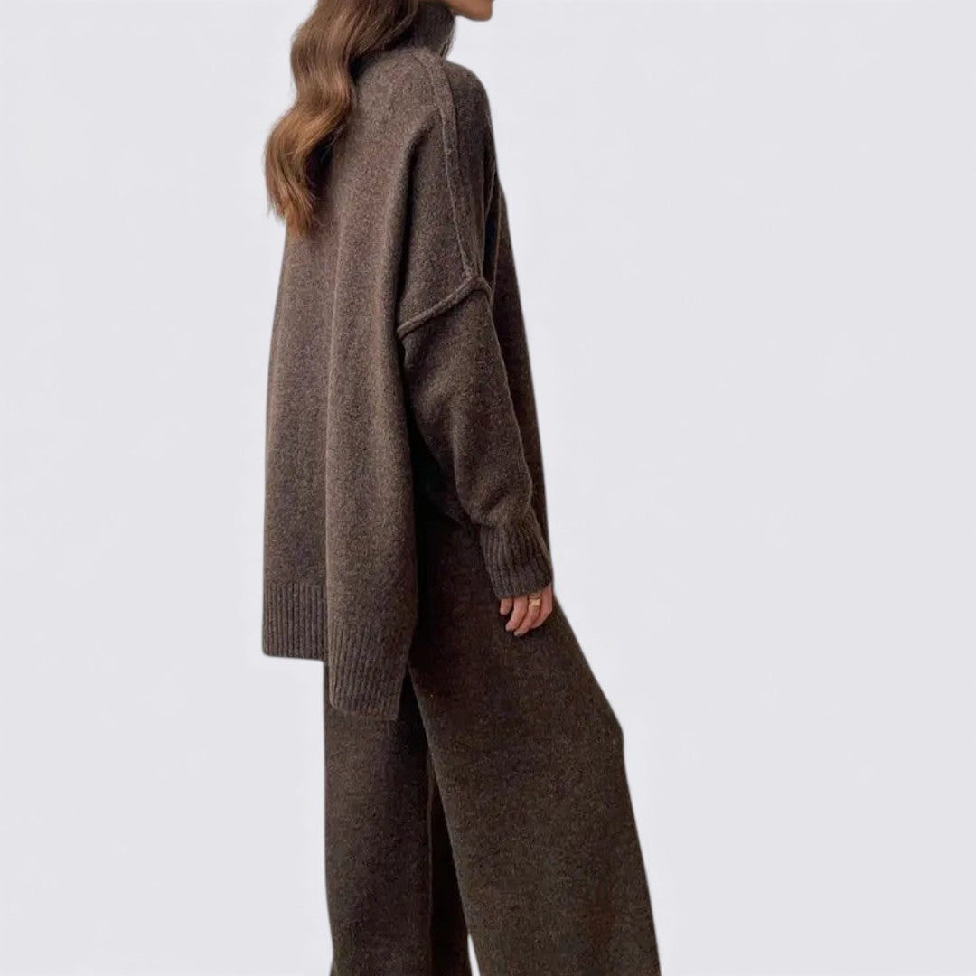 Dame To-delt Strik Sæt – Løs Pasform – Rullekrave Top