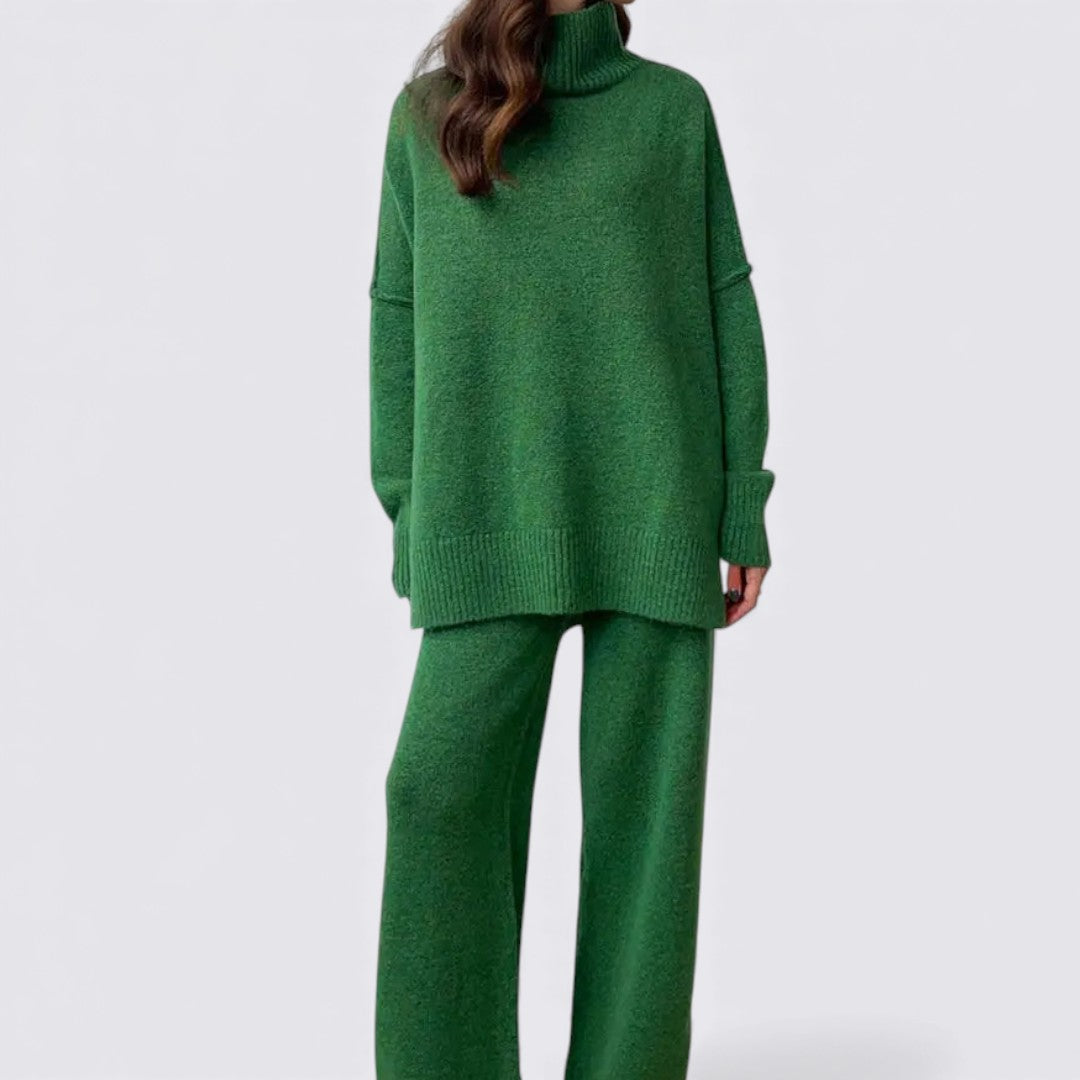 Dame To-delt Strik Sæt – Løs Pasform – Rullekrave Top