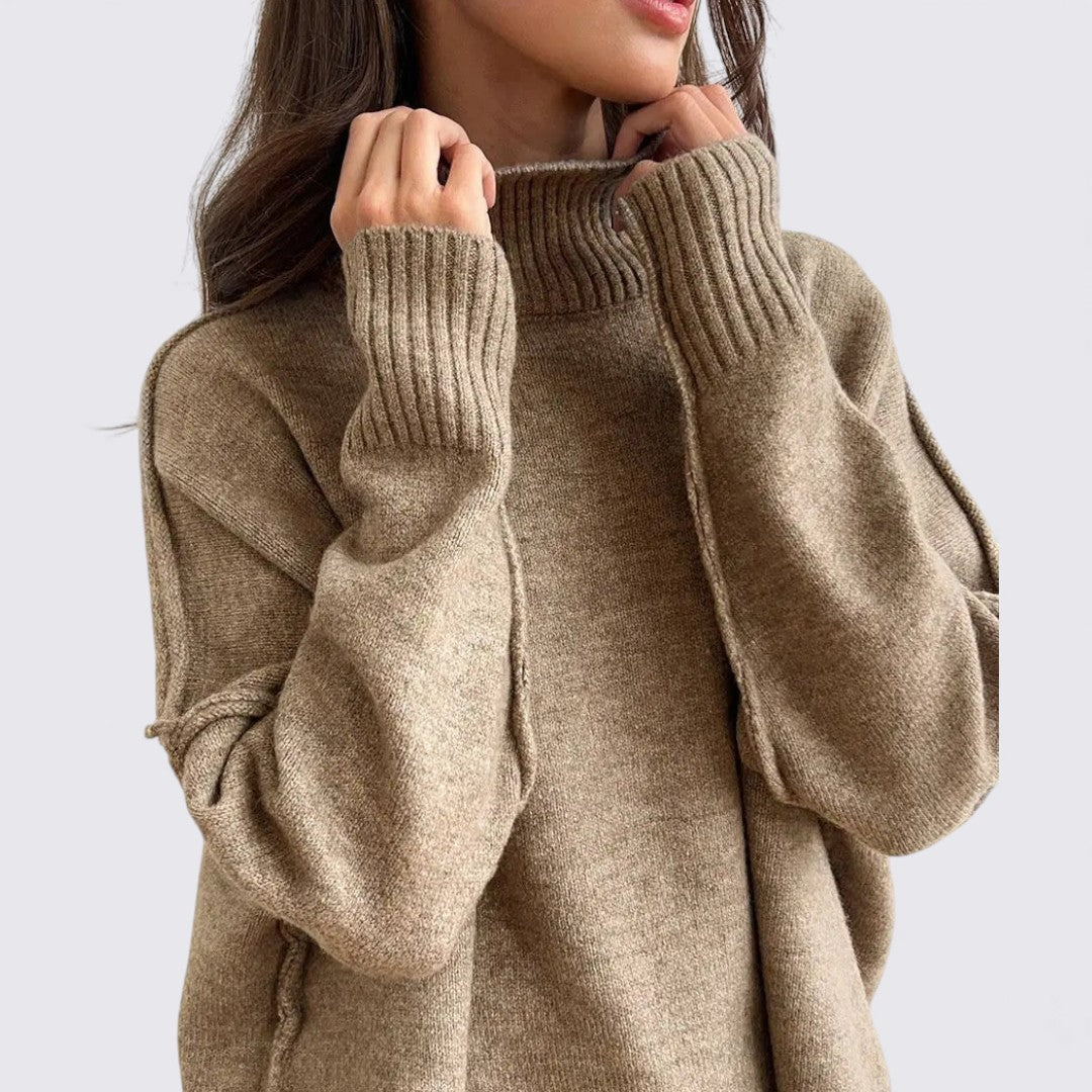 Dame To-delt Strik Sæt – Løs Pasform – Rullekrave Top