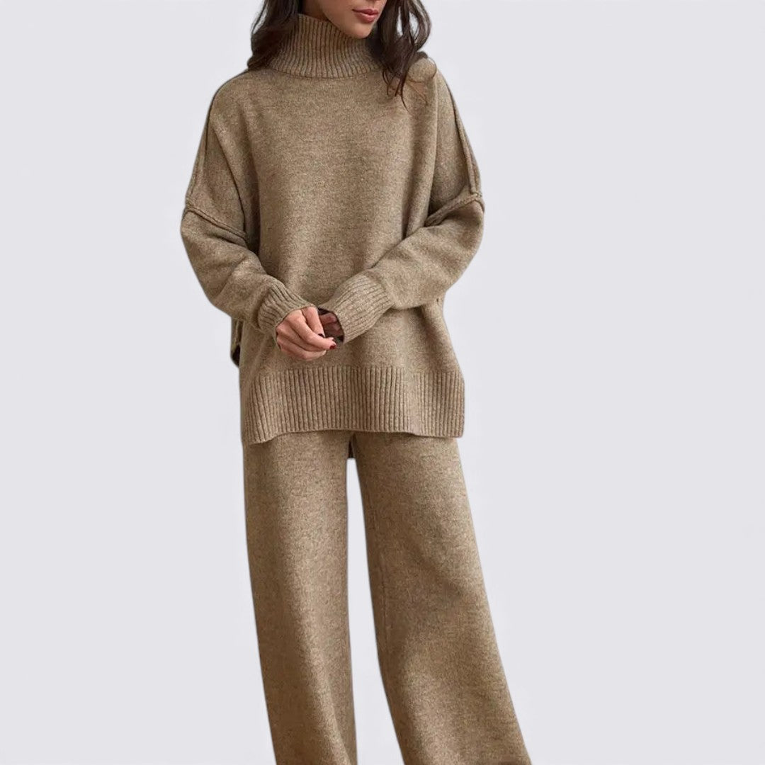 Dame To-delt Strik Sæt – Løs Pasform – Rullekrave Top