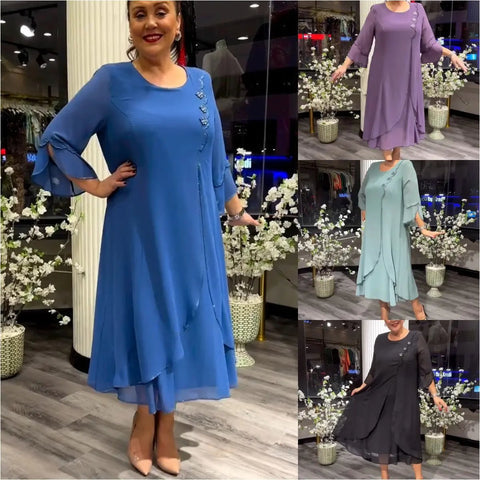 Aurora – Elegant Chiffon Kjole med Rund Hals