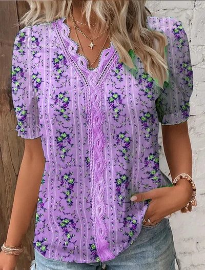 Sofistikeret V-Hals Bluse med Delikat Blonde