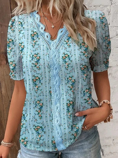 Sofistikeret V-Hals Bluse med Delikat Blonde