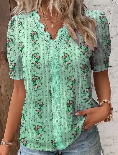 Sofistikeret V-Hals Bluse med Delikat Blonde