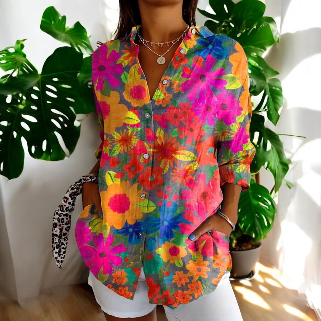 Florale Elegance: Langærmet Bluse med Vintage Print