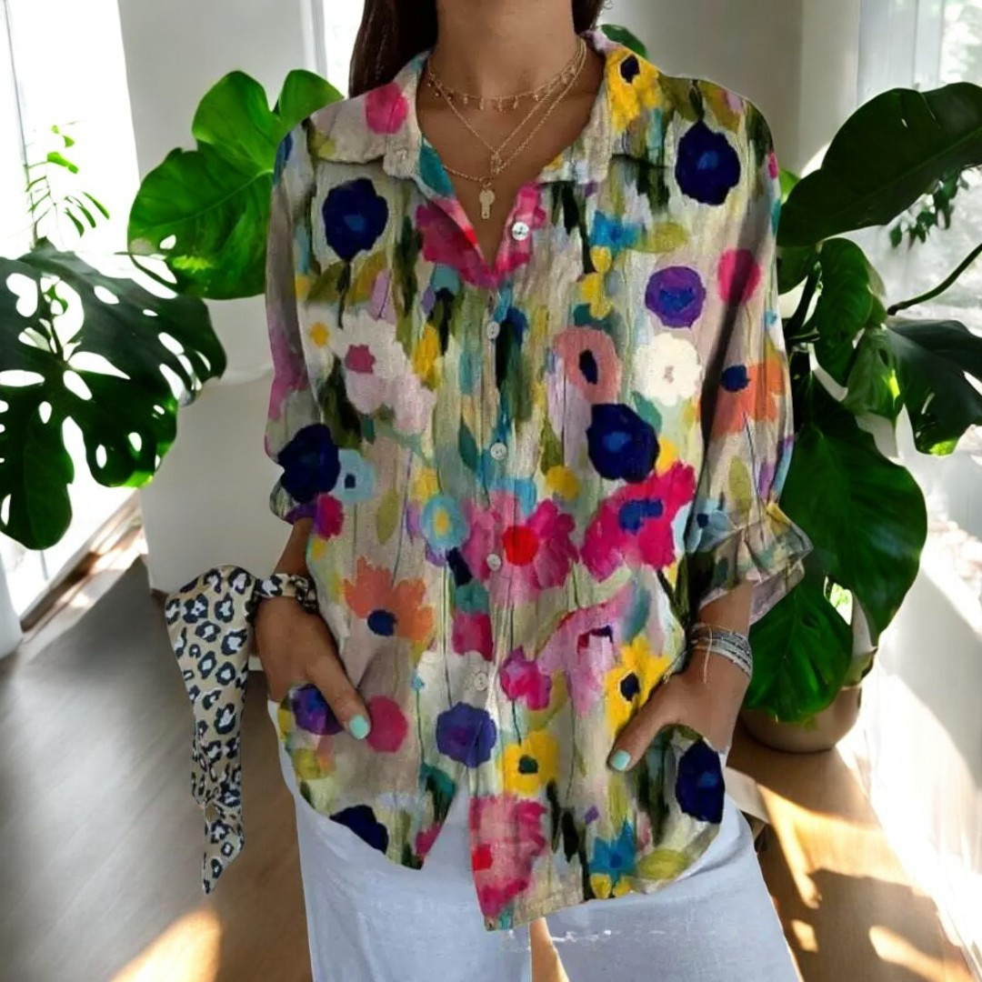 Florale Elegance: Langærmet Bluse med Vintage Print