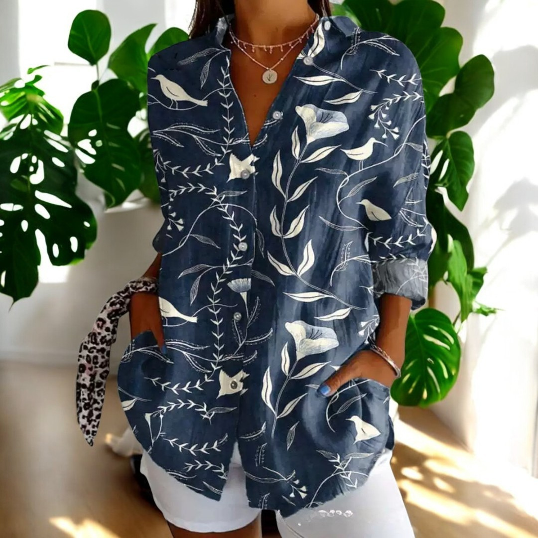Florale Elegance: Langærmet Bluse med Vintage Print
