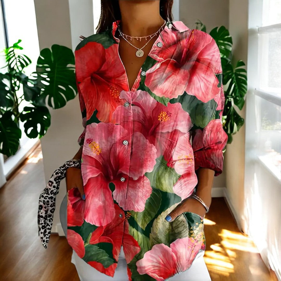 Florale Elegance: Langærmet Bluse med Vintage Print