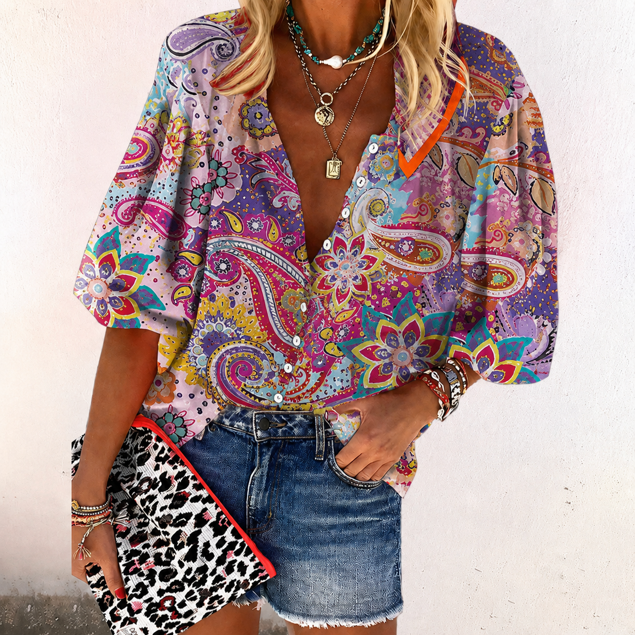 Sofia | Boho-Inspirerad Vävd Blus med V-ringning