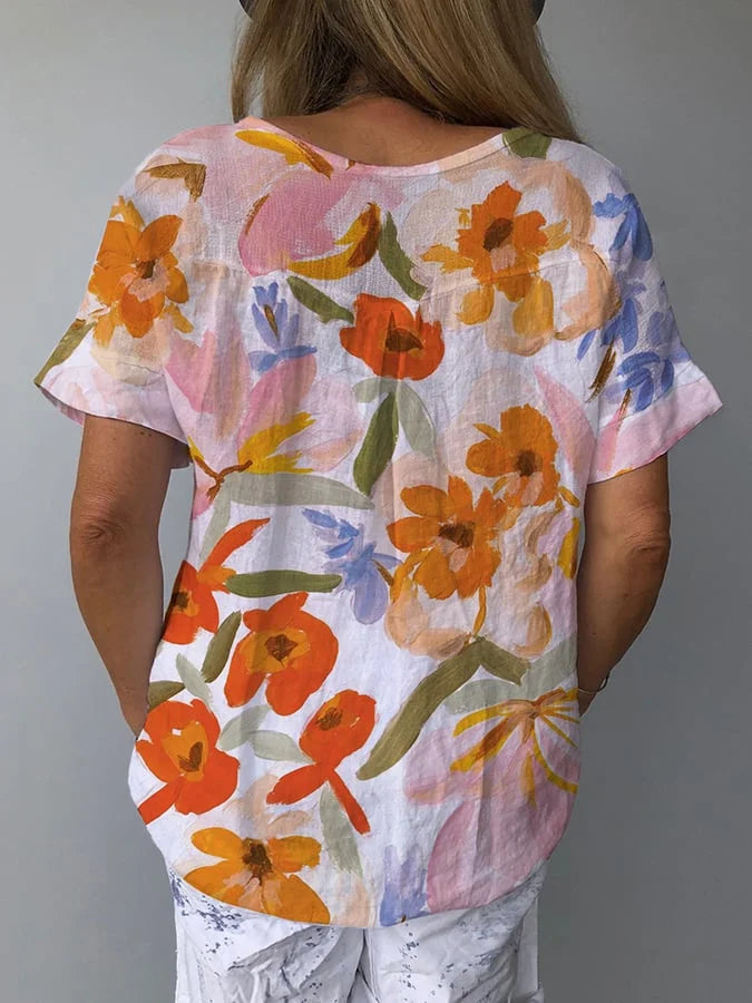 Floralis | Retroinspirerad Blus i Linne med Blommönster