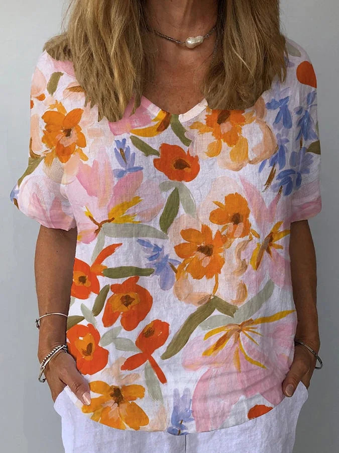 Floralis | Retroinspirerad Blus i Linne med Blommönster