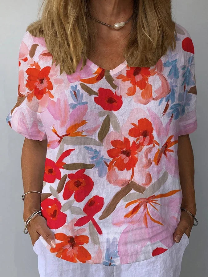 Floralis | Retroinspirerad Blus i Linne med Blommönster