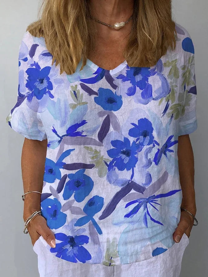 Floralis | Retroinspirerad Blus i Linne med Blommönster