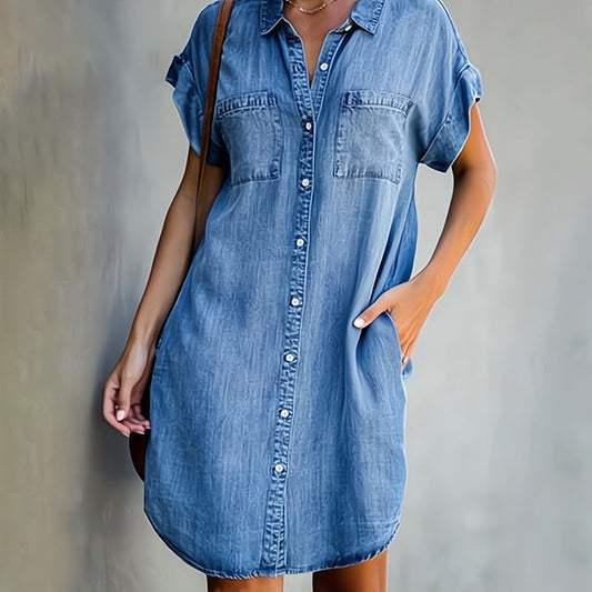 Kortärmad klänning i denim för kvinnor med knappslå