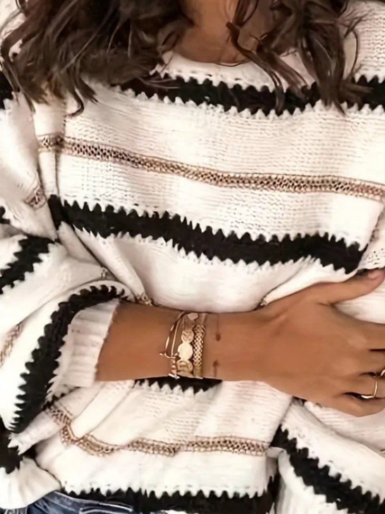 Blød Strikket Sweatshirt med Kontraststriber til Kvinder