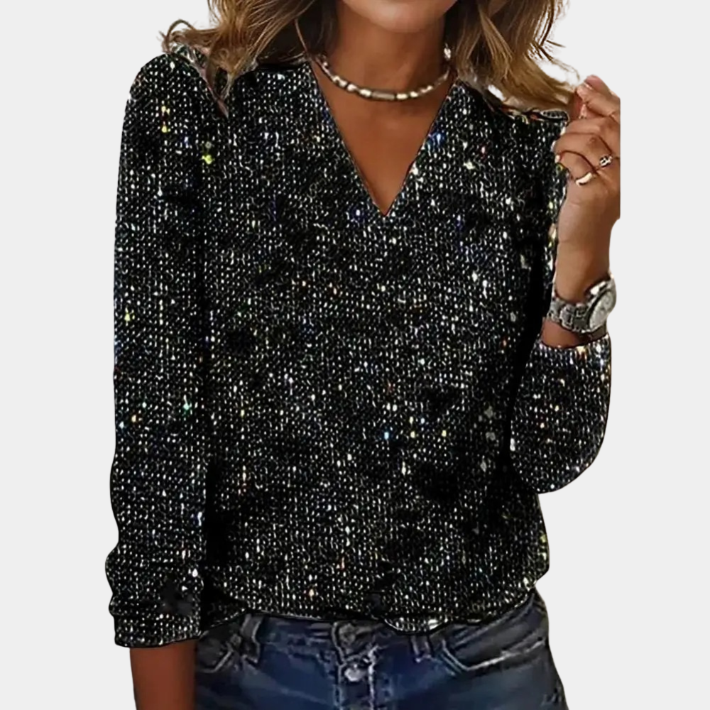 Damblus med V-hals och lång ärm i glitterdesign