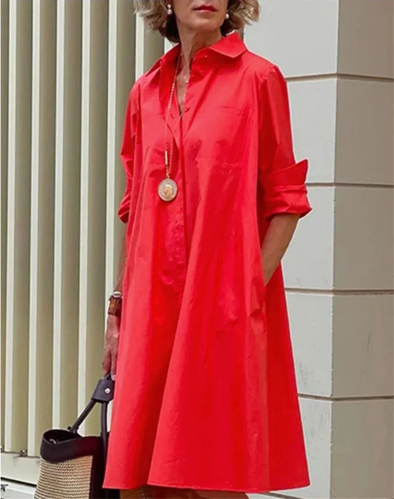Klassisk Shirtklänning för Kvinnor | Elegant A-Linje med Fickor