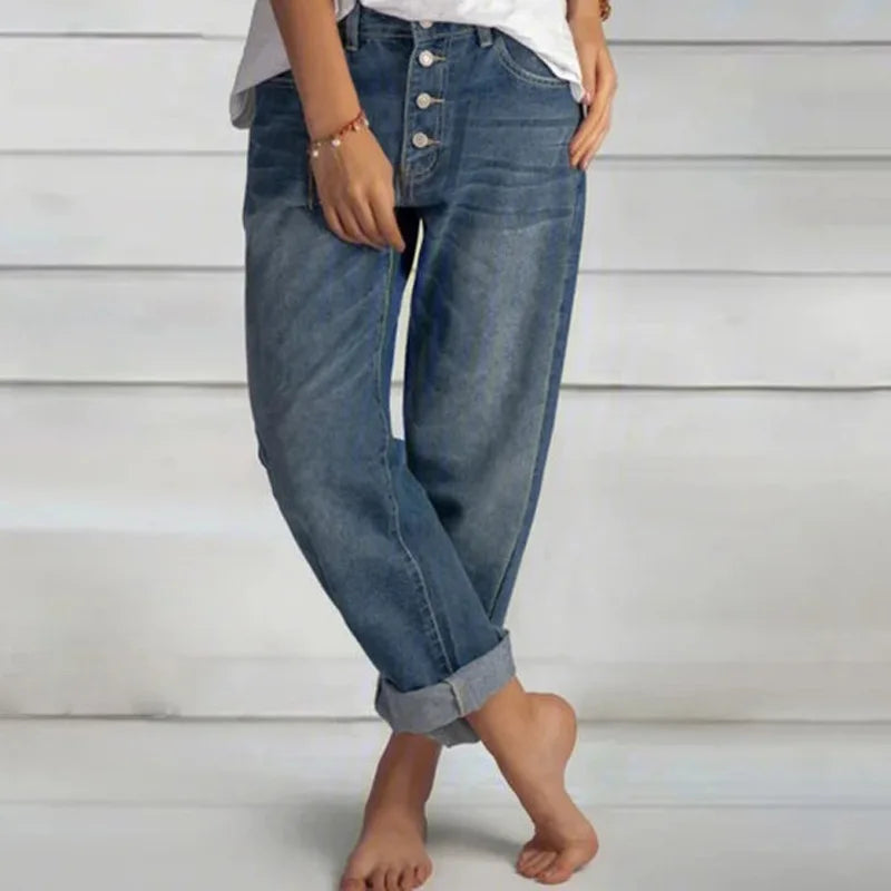 Breda Jeans för Damer med Knäppning