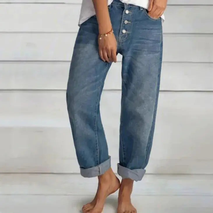 Breda Jeans för Damer med Knäppning