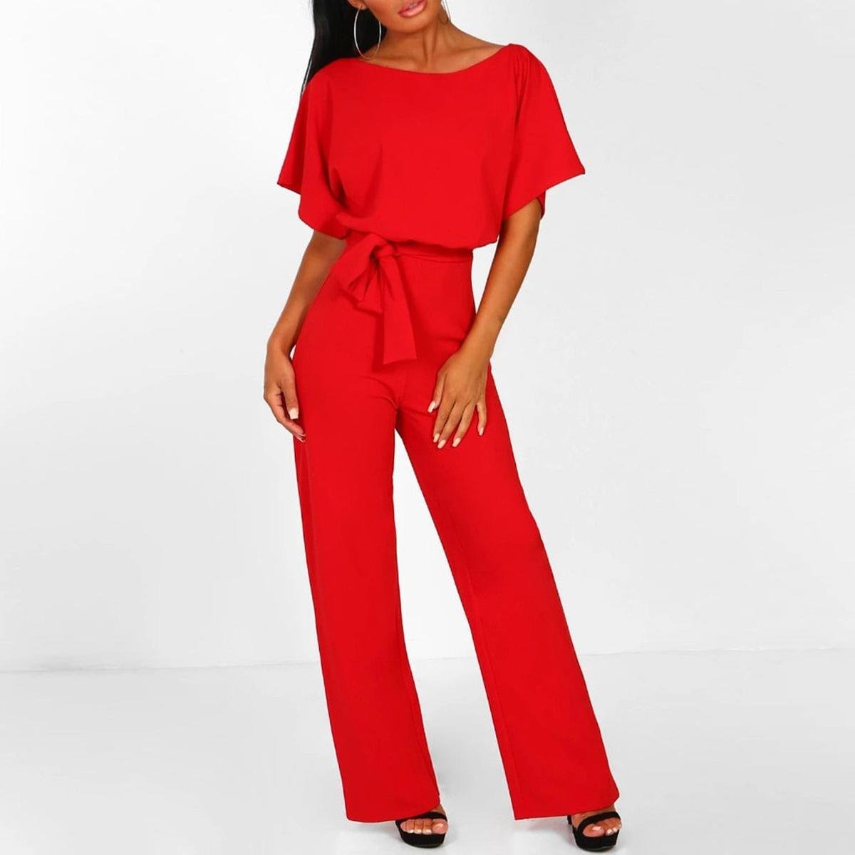Kortärmad jumpsuit med bälte för dam