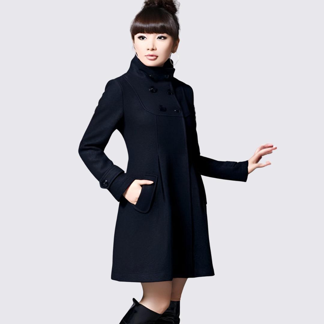 Damefrakke med ståkrave – A-linje frakke – Langt skåret